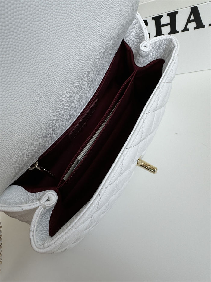 SMALL FLAP BAG WITH TOP HANDLE Grained Calfskin White Gold Metal High