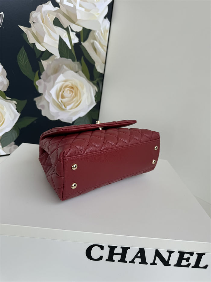 SMALL FLAP BAG WITH TOP HANDLE Grained Calfskin Burgundy Gold Metal High