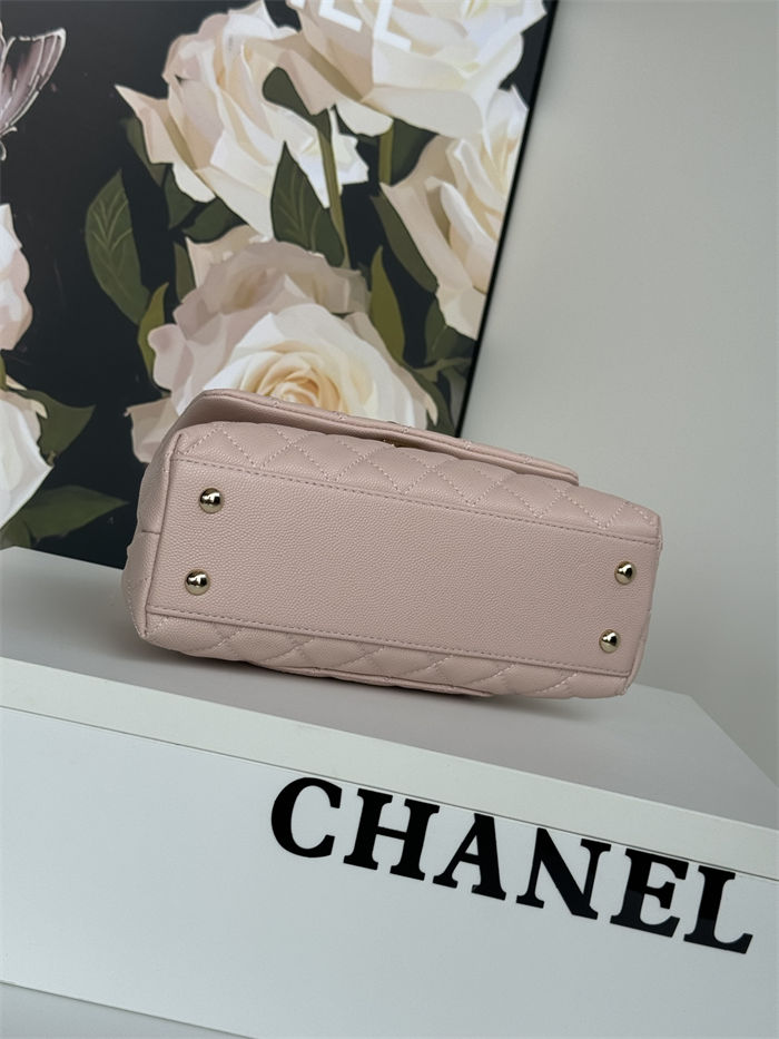 SMALL FLAP BAG WITH TOP HANDLE Grained Calfskin Pink Gold Metal High