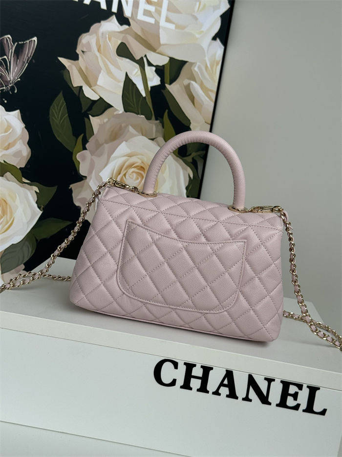 SMALL FLAP BAG WITH TOP HANDLE Grained Calfskin Pink-binding Gold Metal High