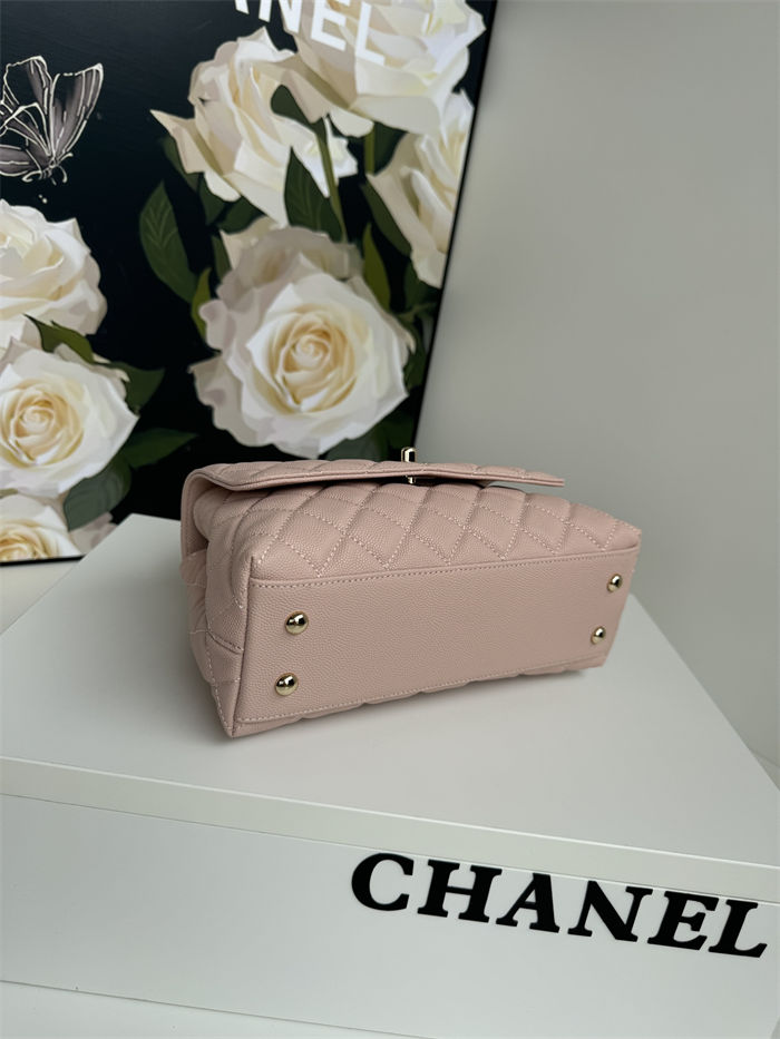 SMALL FLAP BAG WITH TOP HANDLE Grained Calfskin Pink-binding Gold Metal High