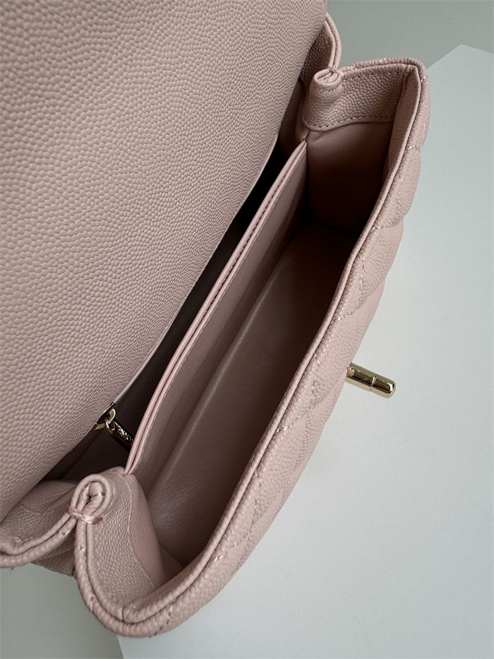 SMALL FLAP BAG WITH TOP HANDLE Grained Calfskin Pink-binding Gold Metal High