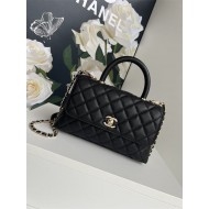 SMALL FLAP BAG WITH TOP HANDLE Grained Calfskin Black-binding Gold Metal High