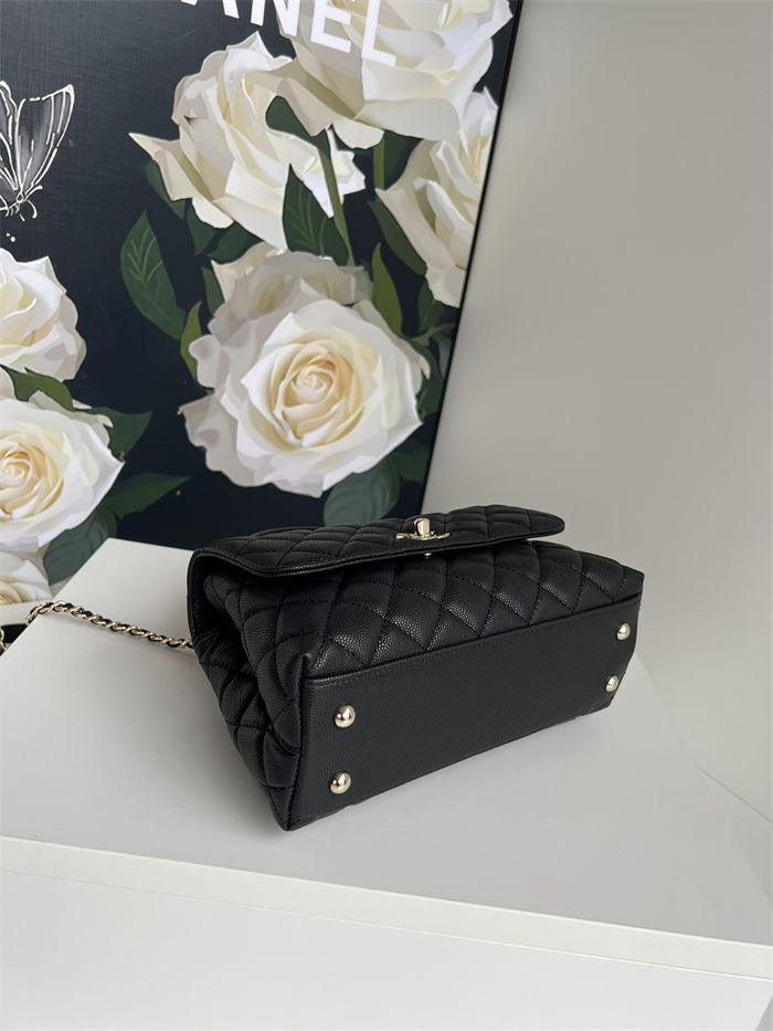 SMALL FLAP BAG WITH TOP HANDLE Grained Calfskin Black-binding Gold Metal High