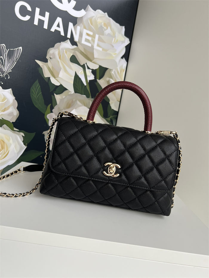 SMALL FLAP BAG WITH TOP HANDLE Grained Calfskin Black-binding Gold Metal High