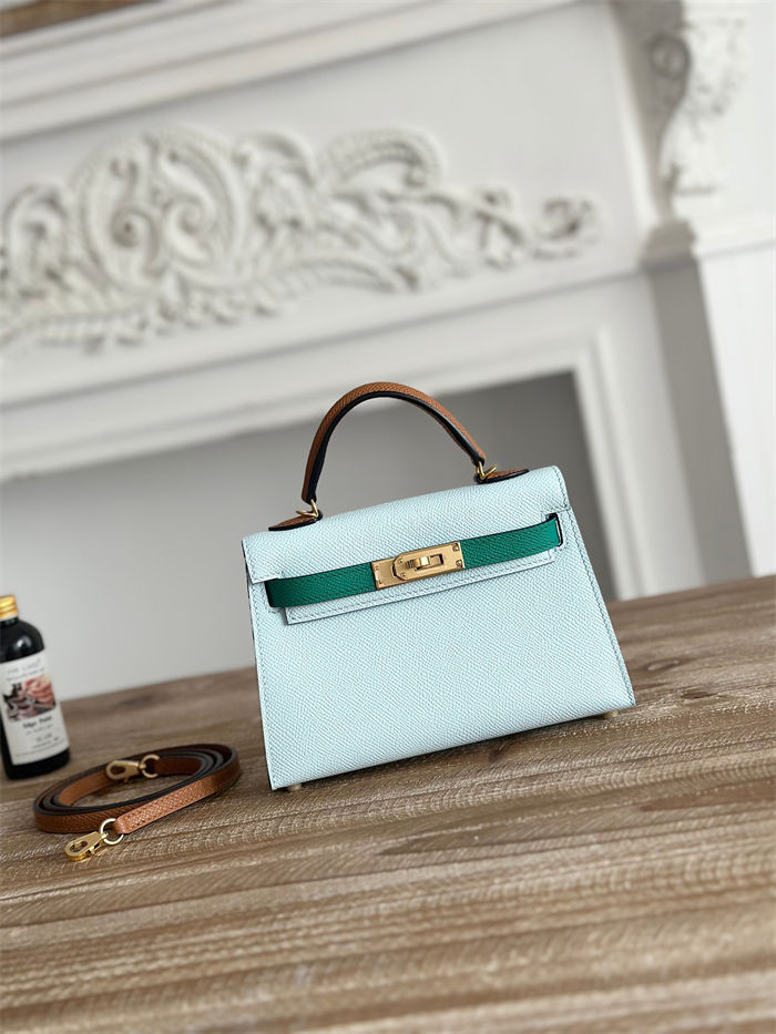 Hermes Kelly Mini II Bag Epsom Leather WAX-Bicolor Blue Brume/Vert Jade/Gold High