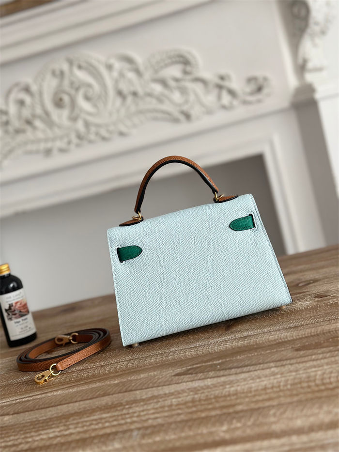 Hermes Kelly Mini II Bag Epsom Leather WAX-Bicolor Blue Brume/Vert Jade/Gold High