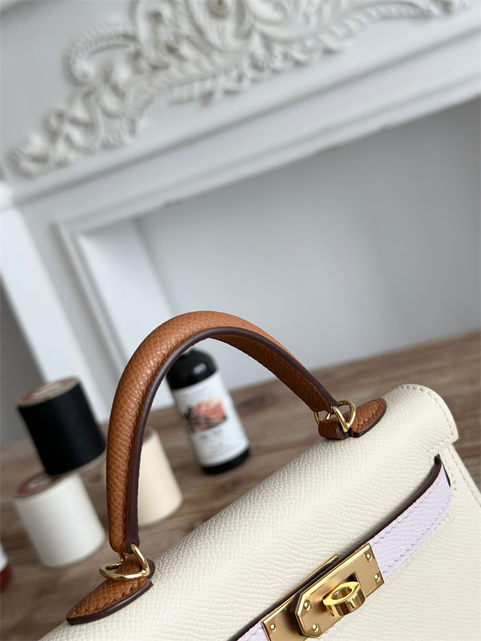 Hermes Kelly Mini II Bag Epsom Leather WAX-Bicolor Craie/Rose Sheherazade/Gold High