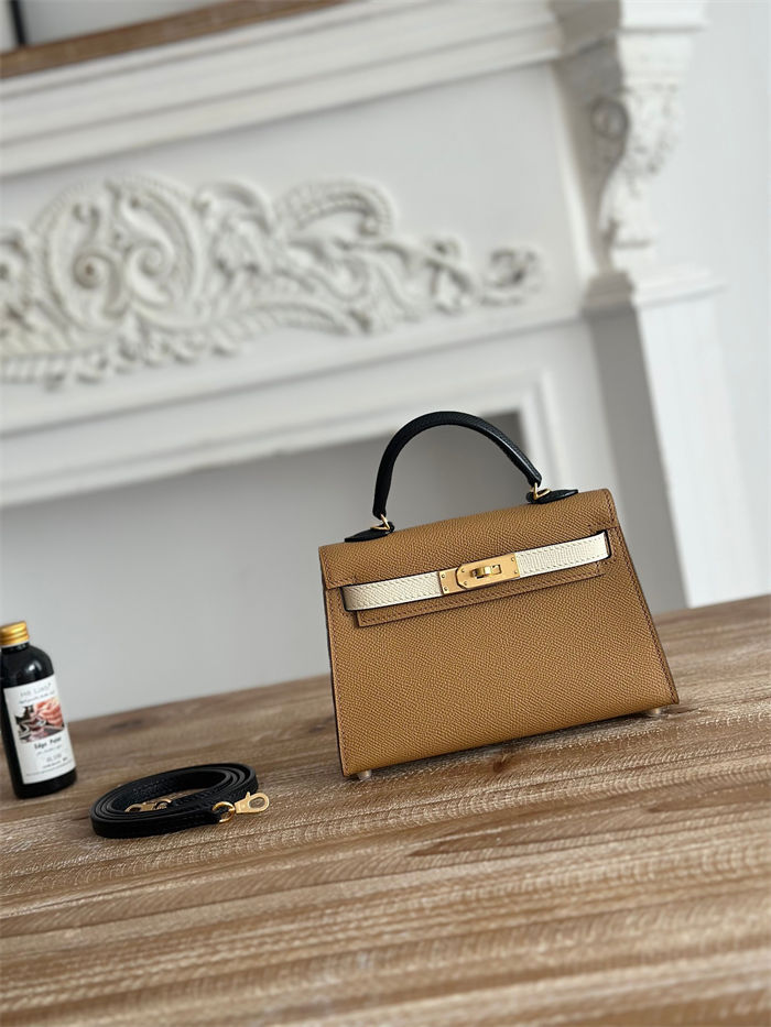 Hermes Kelly Mini II Bag Epsom Leather WAX-Bicolor Biscuit/Craie/Black High