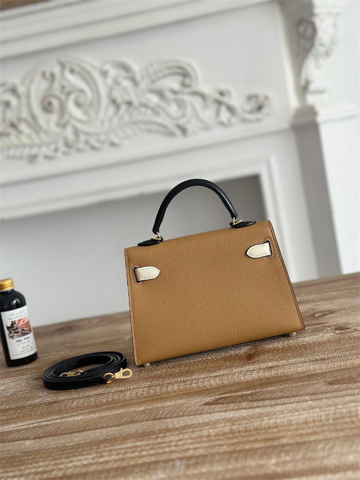 Hermes Kelly Mini II Bag Epsom Leather WAX-Bicolor Biscuit/Craie/Black High