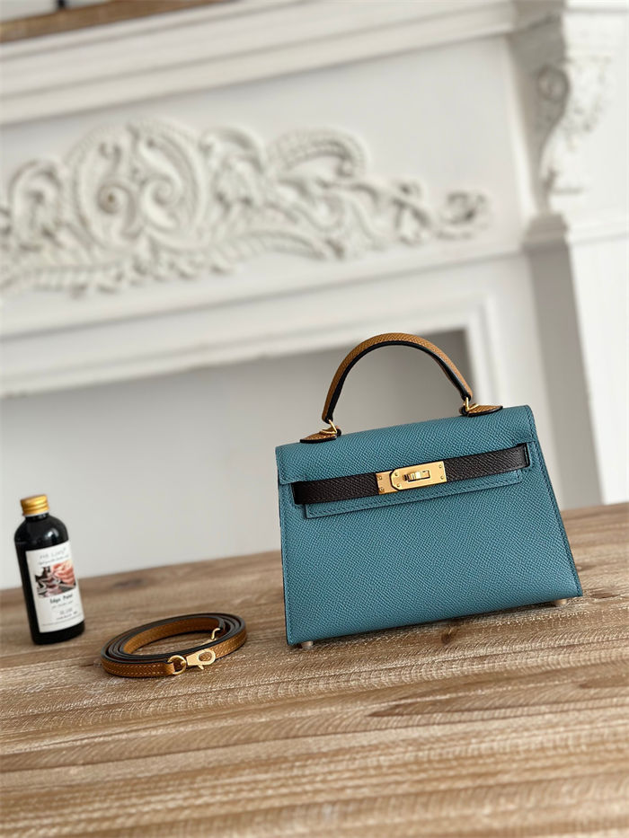 Hermes Kelly Mini II Bag Epsom Leather WAX-Bicolor Denim Fonce/Ecorce/Sesame High