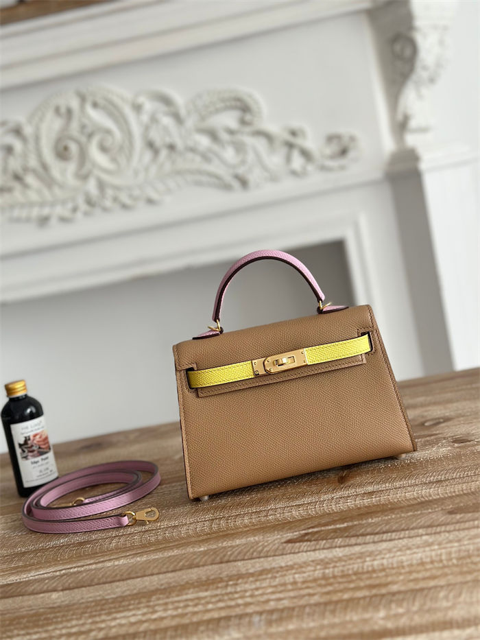 Hermes Kelly Mini II Bag Epsom Leather WAX-Bicolor Chai/Lime/Mauve Sylvestre High