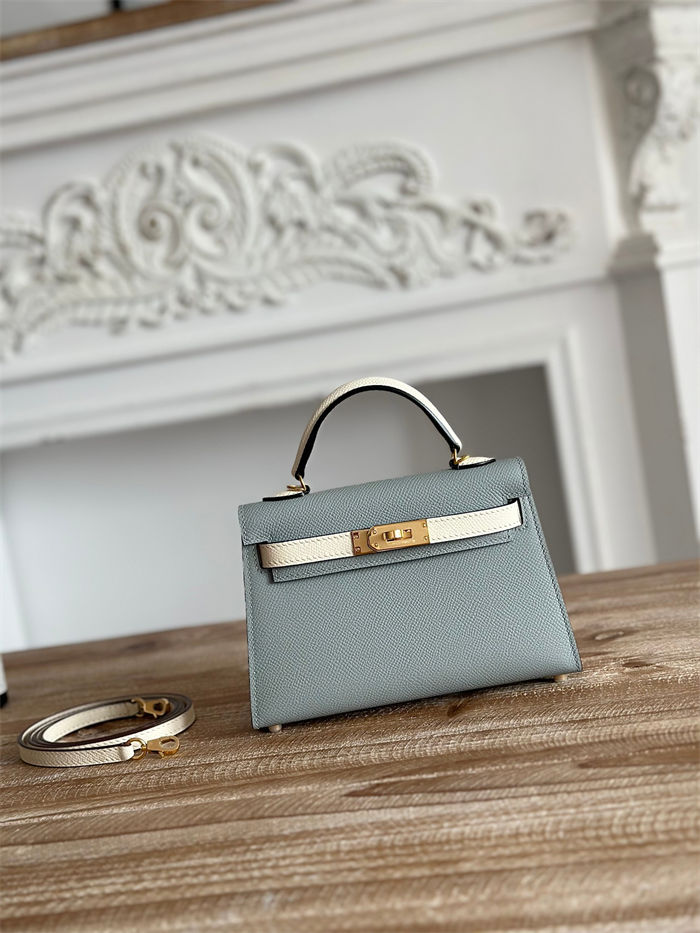 Hermes Kelly Mini II Bag Epsom Leather WAX-Bicolor Gris Glacier/Craie High