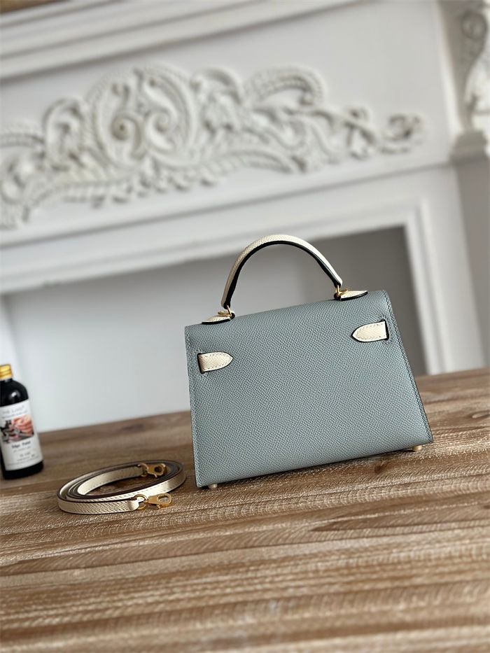 Hermes Kelly Mini II Bag Epsom Leather WAX-Bicolor Gris Glacier/Craie High