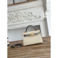 Hermes Kelly Mini II Bag Epsom Leather WAX-Bicolor Craie/Gris Glacier High