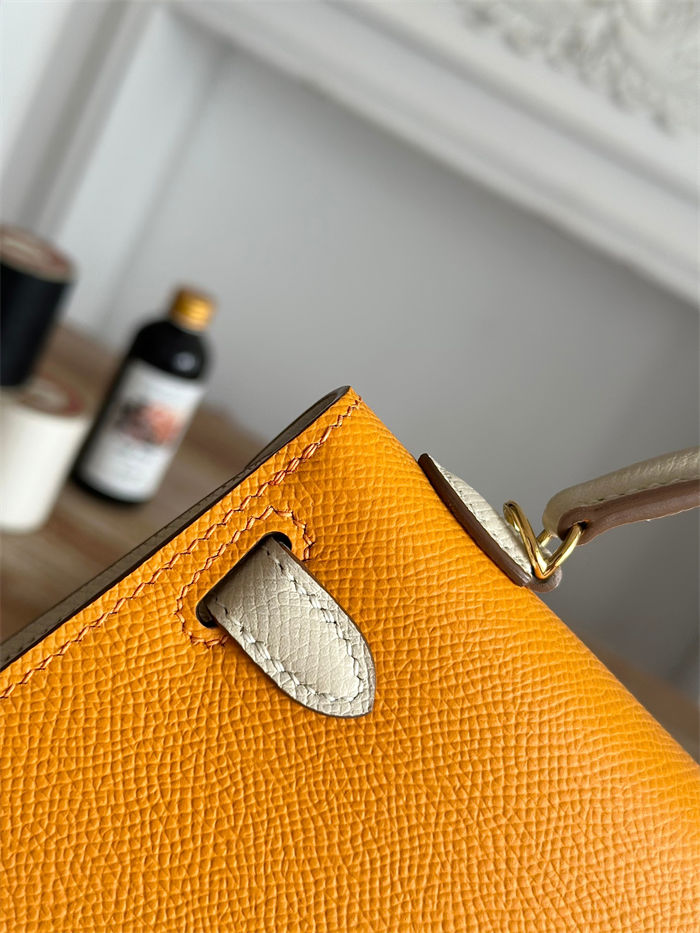 Hermes Kelly Mini II Bag Epsom Leather WAX-Bicolor Jaune d'Or/Craie High