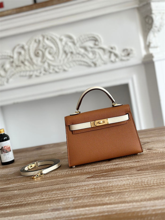 Hermes Kelly Mini II Bag Epsom Leather WAX-Bicolor Gold/Craie High