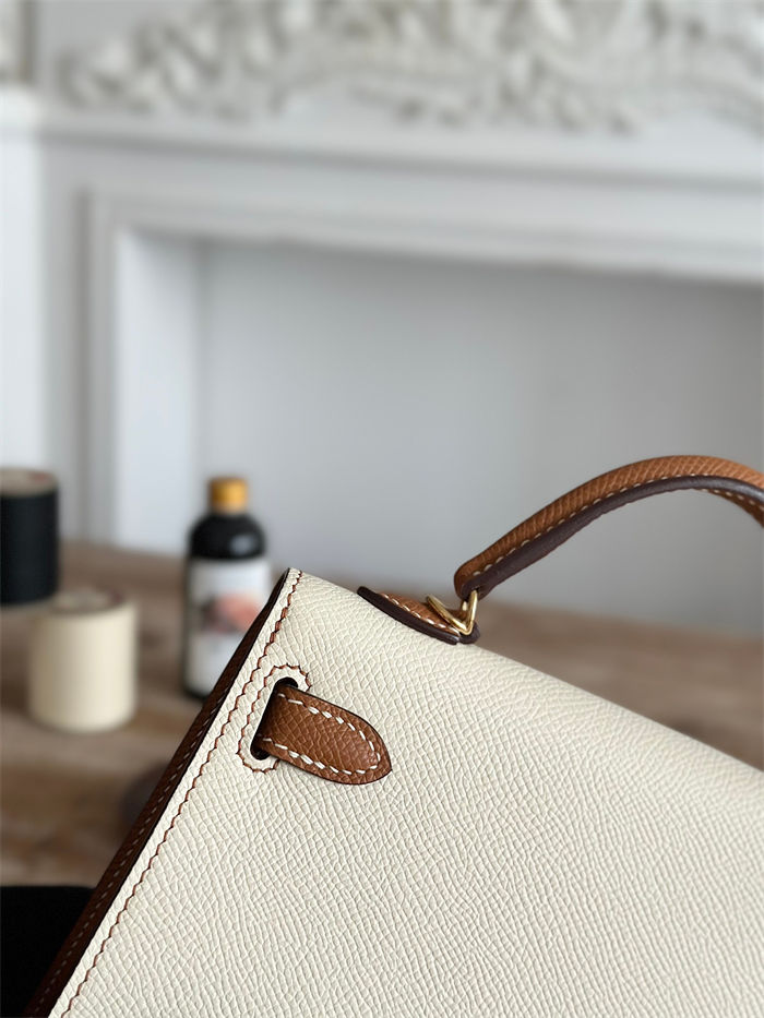 Hermes Kelly Mini II Bag Epsom Leather WAX-Bicolor Craie/Gold High