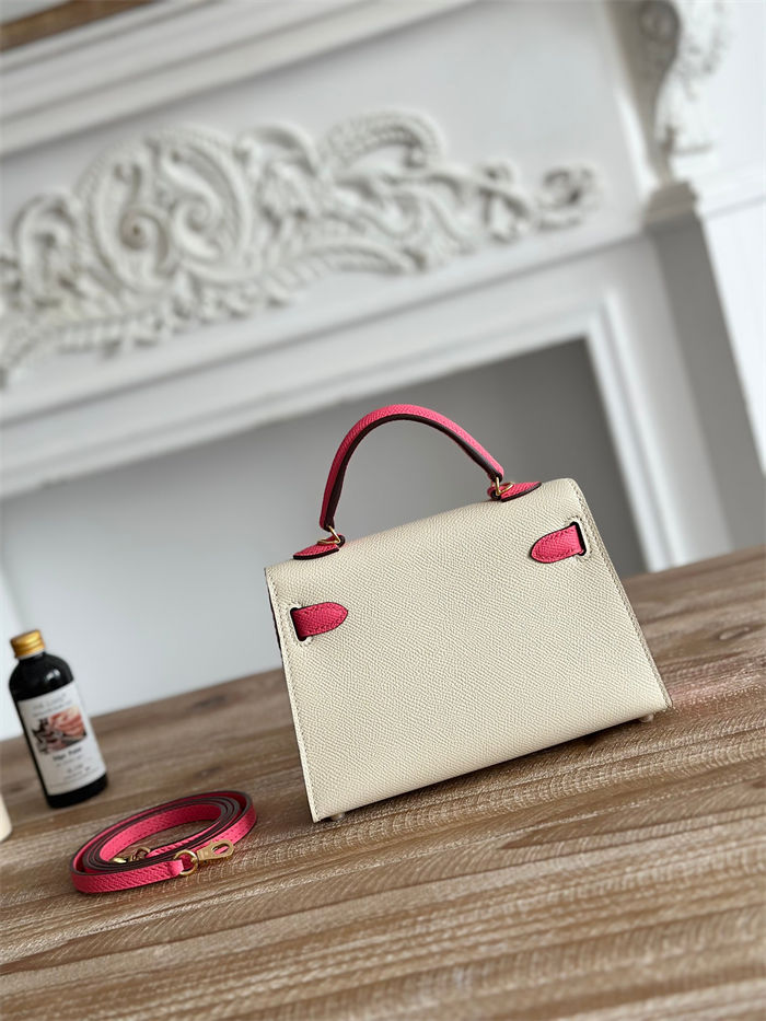 Hermes Kelly Mini II Bag Epsom Leather WAX-Bicolor Craie/Rose eLipstick High