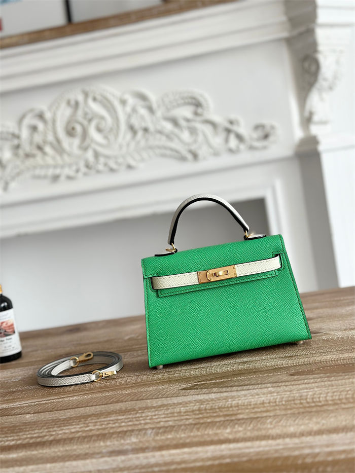 Hermes Kelly Mini II Bag Epsom Leather WAX-Bicolor Vert Comics/Craie High