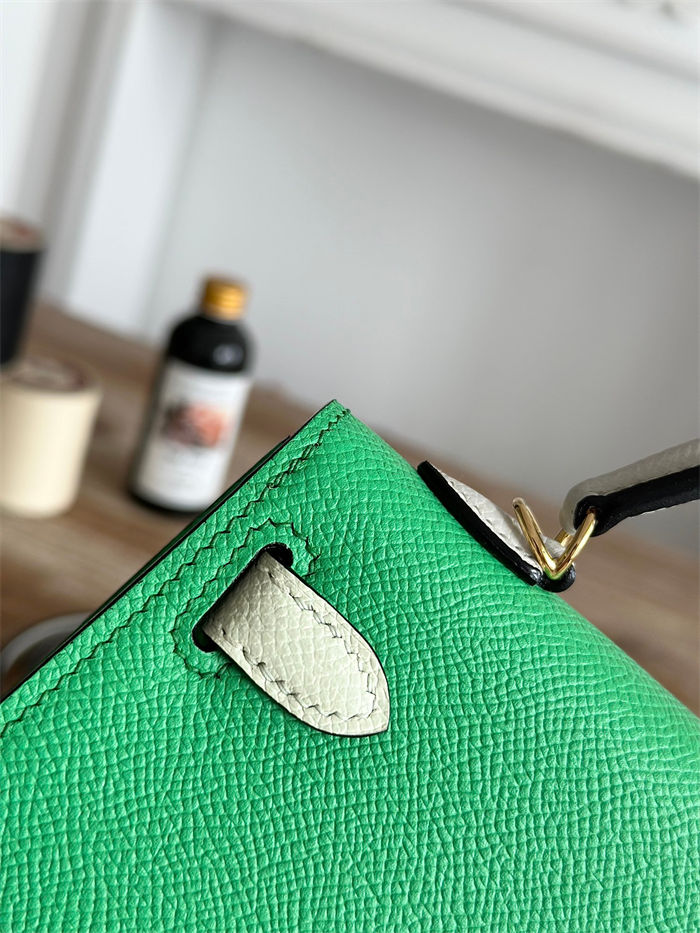 Hermes Kelly Mini II Bag Epsom Leather WAX-Bicolor Vert Comics/Craie High