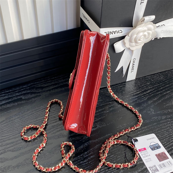 FLAP PHONE HOLDER WITH CHAIN AP3226 Patent Calfskin Gold-Tone Metal Red A