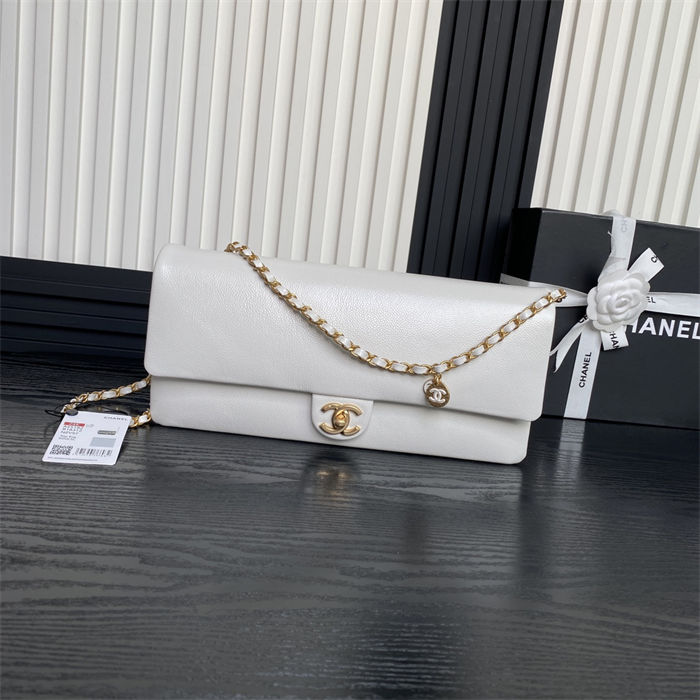 Chanel MAXI CLUTCH BAG AS5182 Grained Shiny Calfskin & Gold-Tone Metal White High