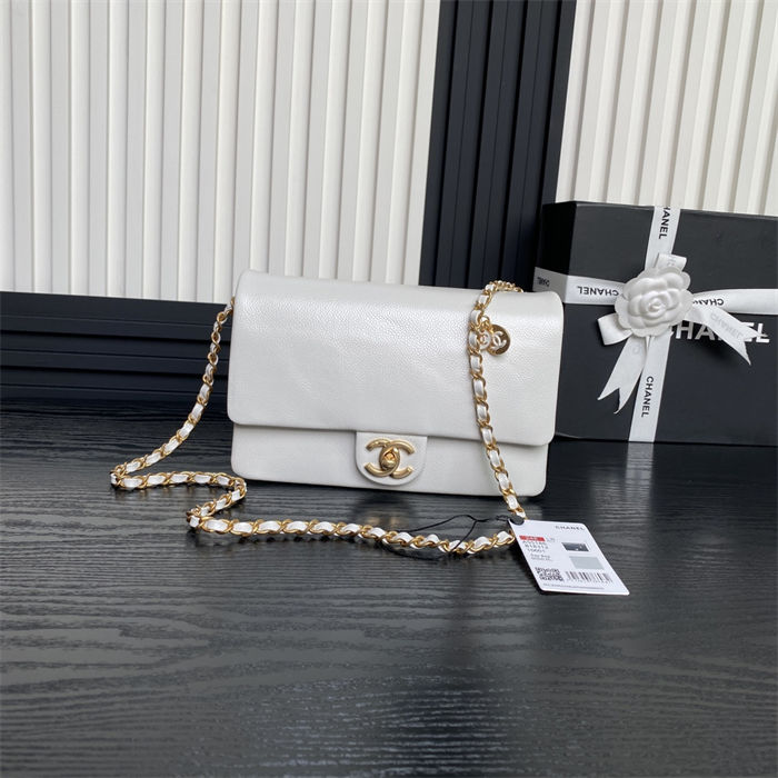 Chanel SMALL FLAP BAG AS5186 Grained Shiny Calfskin & Gold-Tone Metal White High