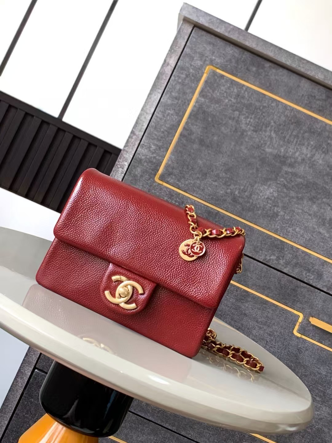 Chanel MINI FLAP BAG AS5218 Grained Shiny Calfskin & Gold-Tone Metal Burgundy High