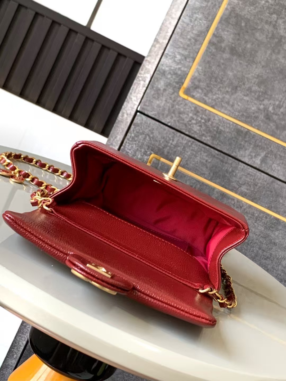 Chanel MINI FLAP BAG AS5218 Grained Shiny Calfskin & Gold-Tone Metal Burgundy High