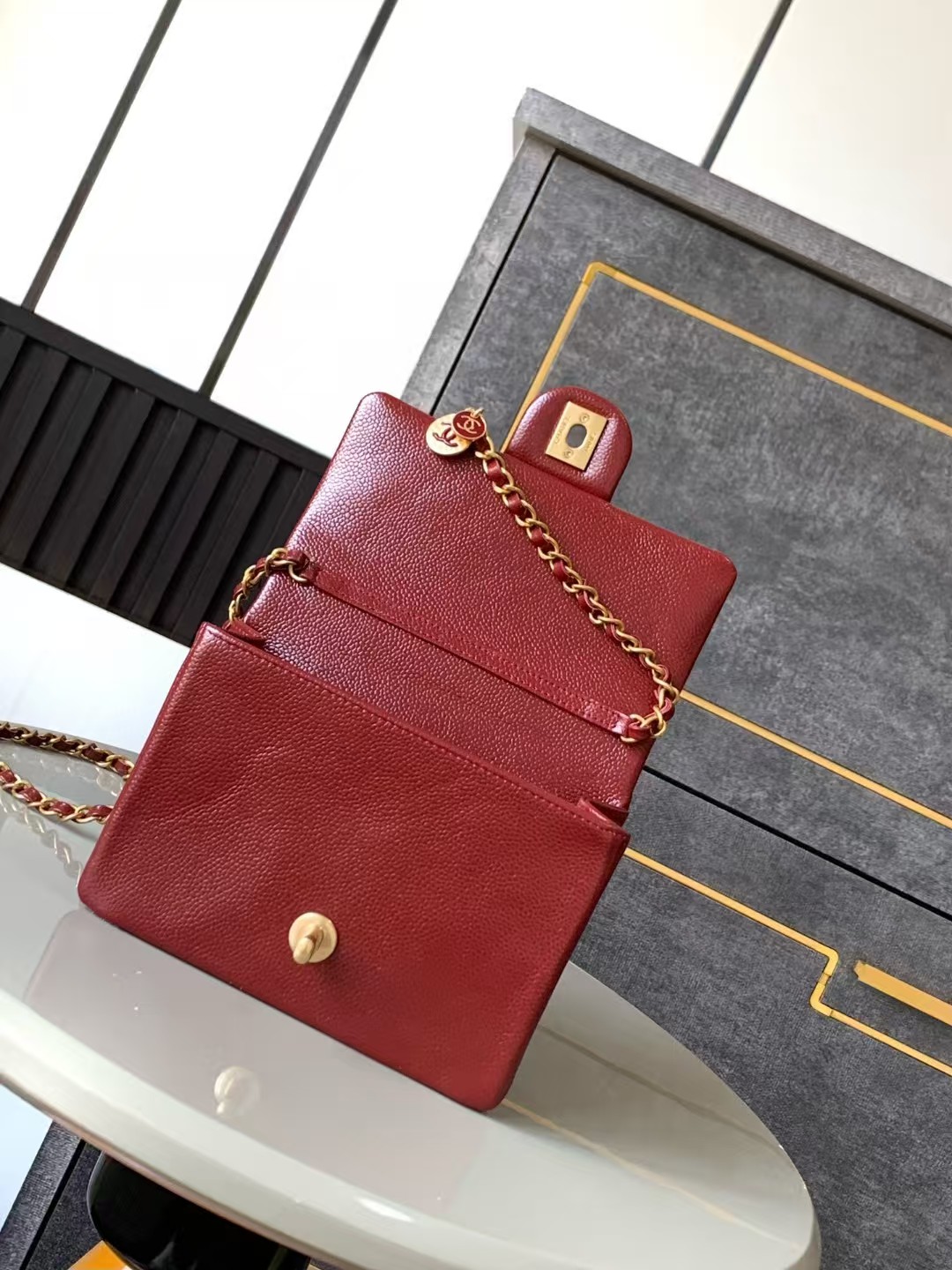 Chanel MINI FLAP BAG AS5218 Grained Shiny Calfskin & Gold-Tone Metal Burgundy High