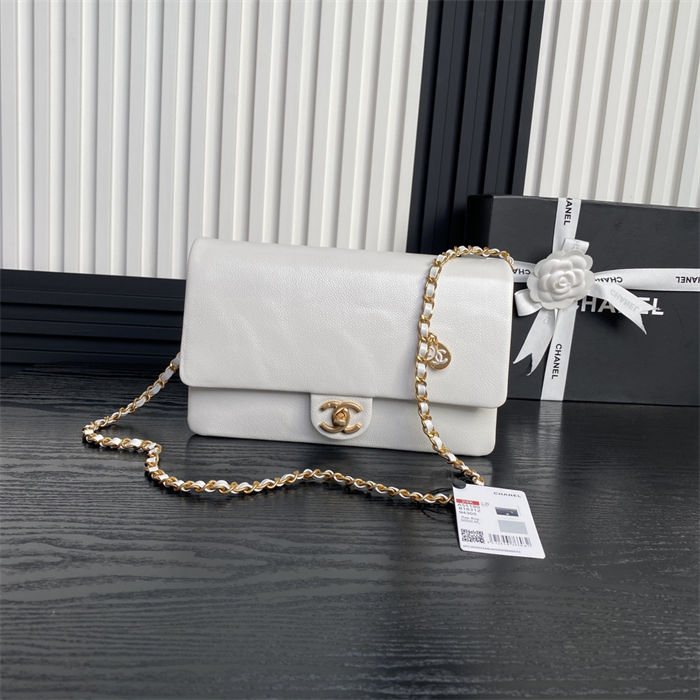 Chanel FLAP BAG AS5180 Grained Shiny Calfskin & Gold-Tone Metal White High