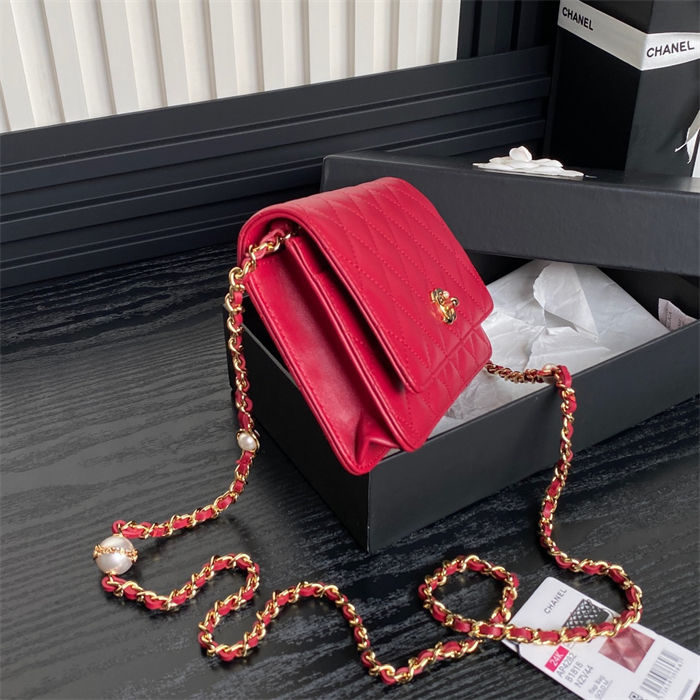 Chanel WALLET ON CHAIN AP4282 Shiny Lambskin, Imitation Pearls & Gold-Tone Metal Red High