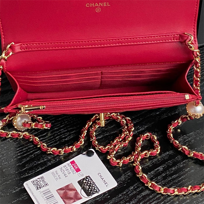 Chanel WALLET ON CHAIN AP4282 Shiny Lambskin, Imitation Pearls & Gold-Tone Metal Red High