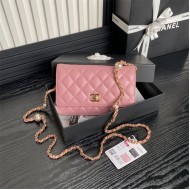 Chanel WALLET ON CHAIN AP4282 Shiny Lambskin, Imitation Pearls & Gold-Tone Metal Pink High