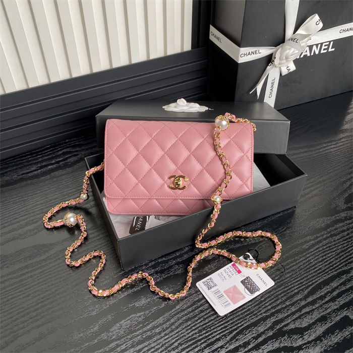 Chanel WALLET ON CHAIN AP4282 Shiny Lambskin, Imitation Pearls & Gold-Tone Metal Pink High