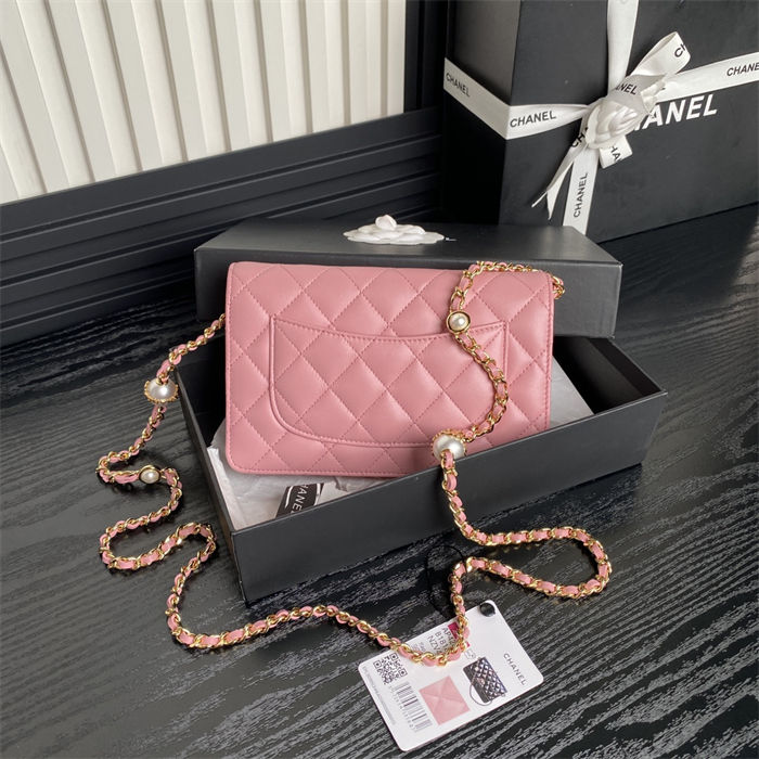 Chanel WALLET ON CHAIN AP4282 Shiny Lambskin, Imitation Pearls & Gold-Tone Metal Pink High