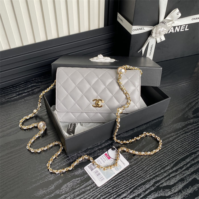 Chanel WALLET ON CHAIN AP4282 Shiny Lambskin, Imitation Pearls & Gold-Tone Metal Grey High