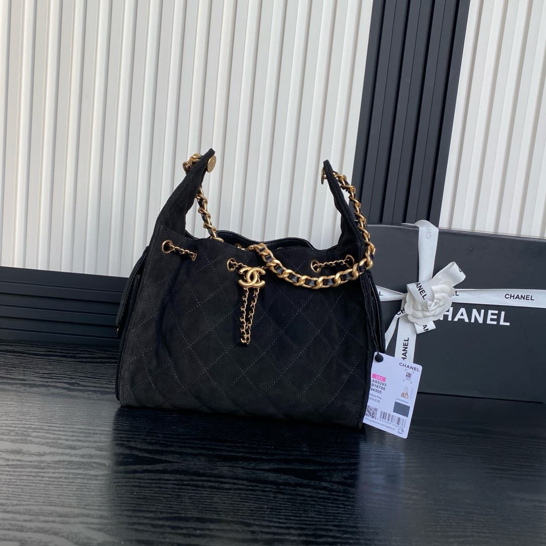 Chanel Hobo handbag AS5293 Suede & gold-tone metal Black High