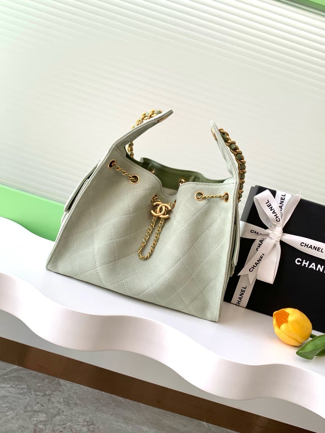 Chanel Hobo handbag AS5293 Suede & gold-tone metal Green High