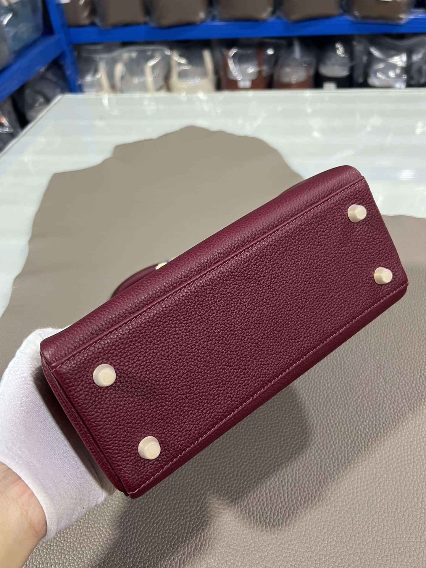 Hermes Kelly 25/28cm Retourne Bag Togo Leather In Burgundy WAX High