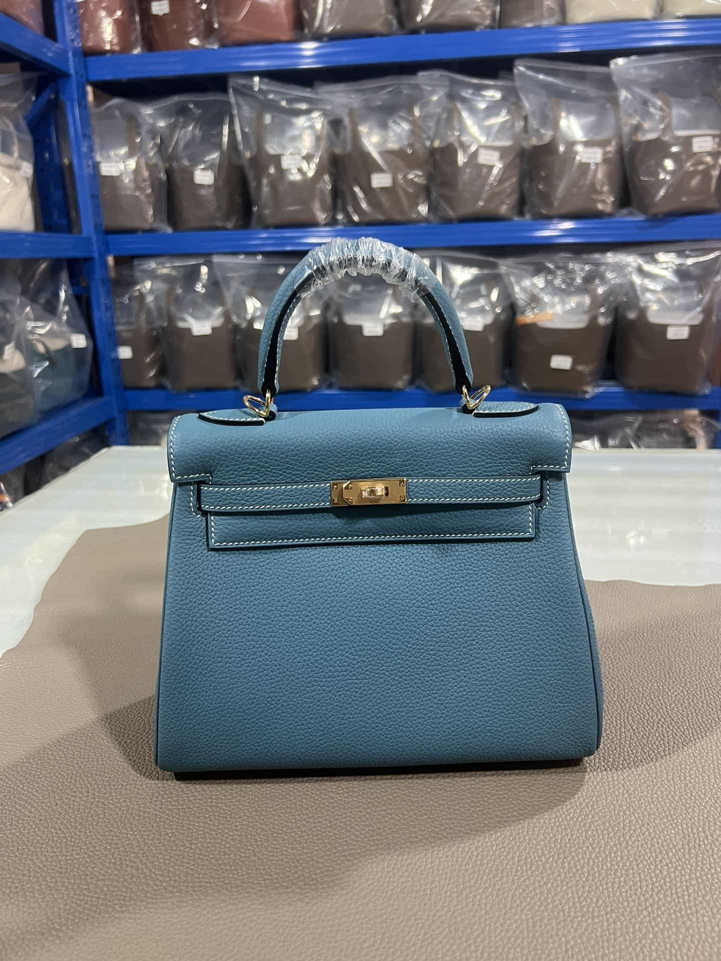 Hermes Kelly 25/28cm Retourne Bag Togo Leather In Denim-Blue WAX High