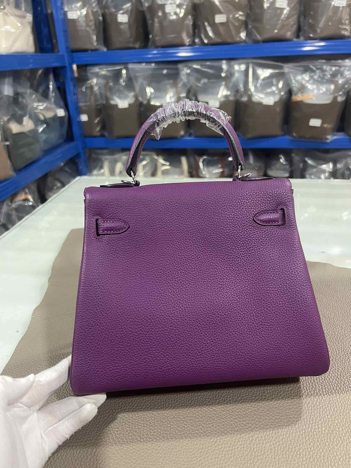 Hermes Kelly 25/28cm Retourne Bag Togo Leather In Purple WAX High