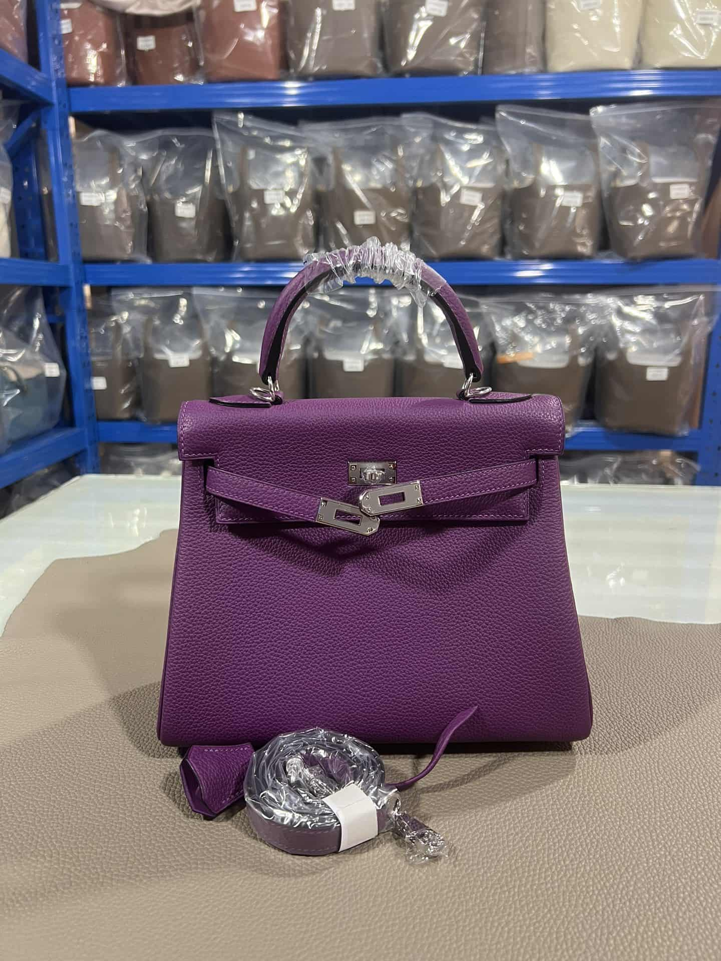 Hermes Kelly 25/28cm Retourne Bag Togo Leather In Purple WAX High