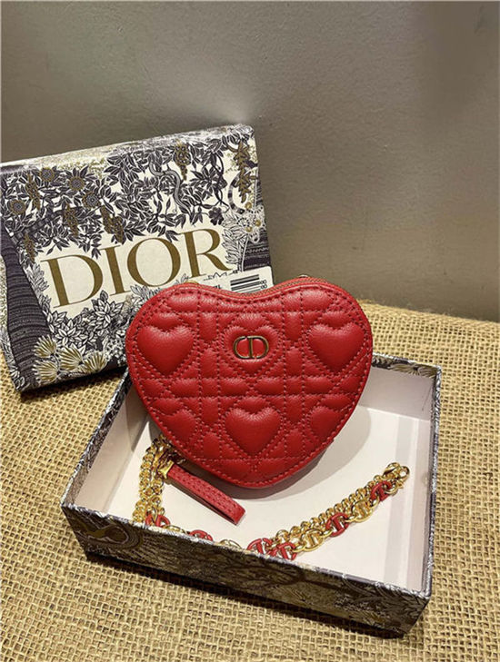 DiorAMOUR Dior CARO HEART POUCH WITH CHAIN Cannage Calfskin with Heart Motif Red High