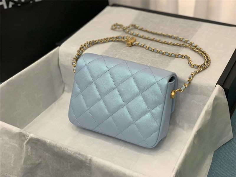 MINI FLAP BAG Iridescent Grained Calfskin & Gold-Tone Metal AS2855 Light Blue A