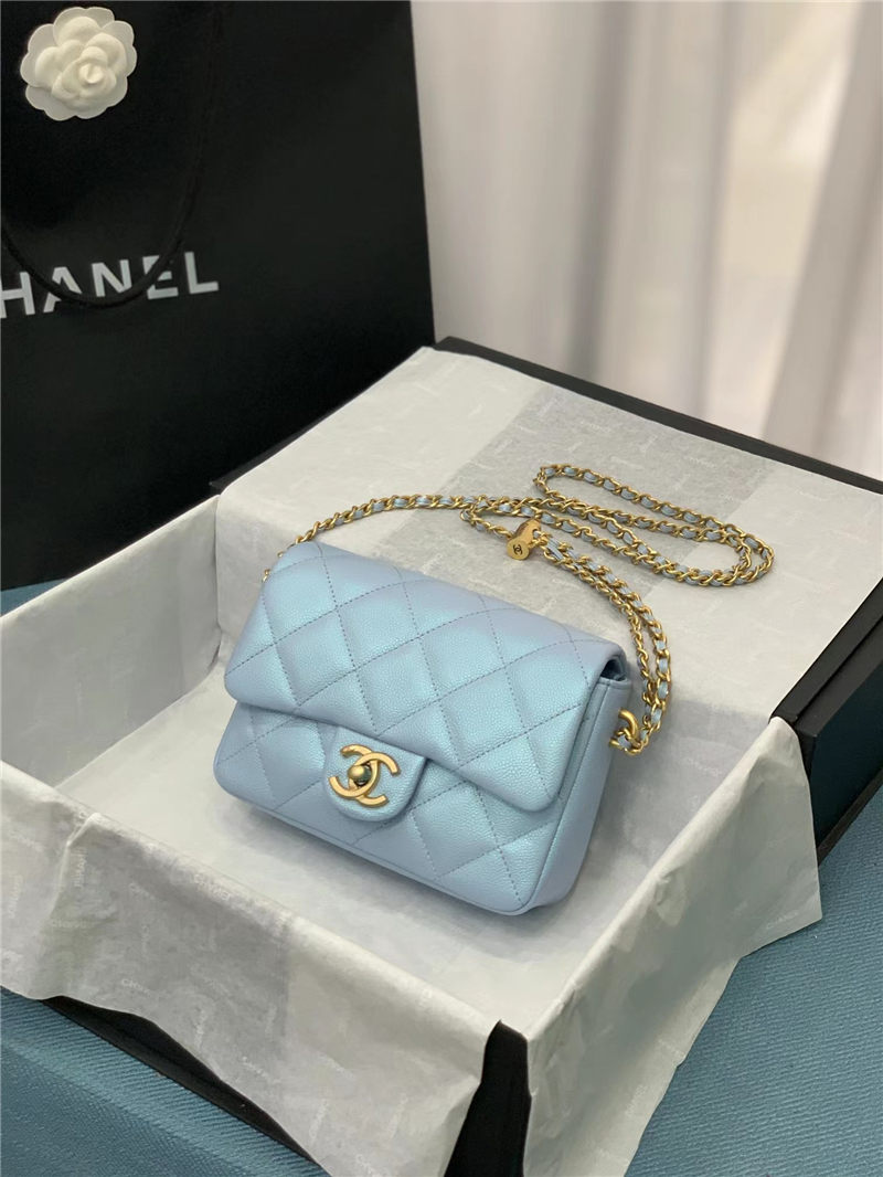 MINI FLAP BAG Iridescent Grained Calfskin & Gold-Tone Metal AS2855 Light Blue A