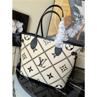 Louis Vuitton NEVERFULL MM Embroidered embossed supple grained cowhide leather Cream M46039 High