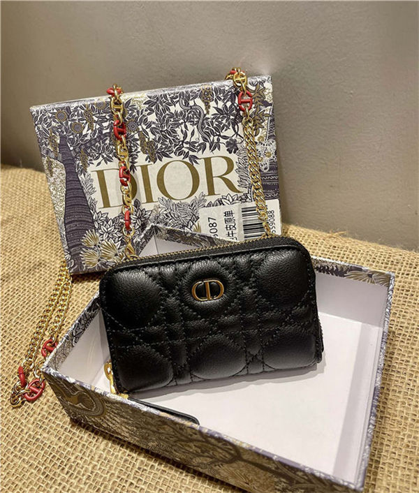 Dior CARO DETACHABLE CARD HOLDER Supple Cannage Calfskin Black High