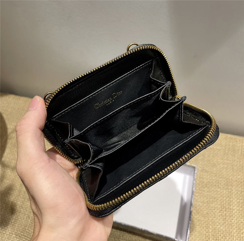 Dior CARO DETACHABLE CARD HOLDER Supple Cannage Calfskin Black High